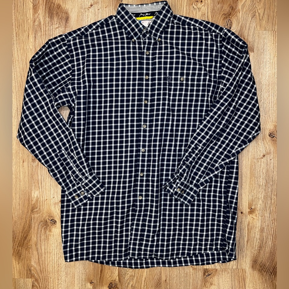 Wrangler Navy and White Plaid Button-Down Dress Shirt